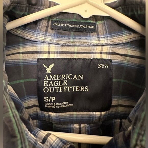 American Eagle Mens Casual Plaid Flannel Shirt Size Small Button Up Blue Green - Picture 3 of 4